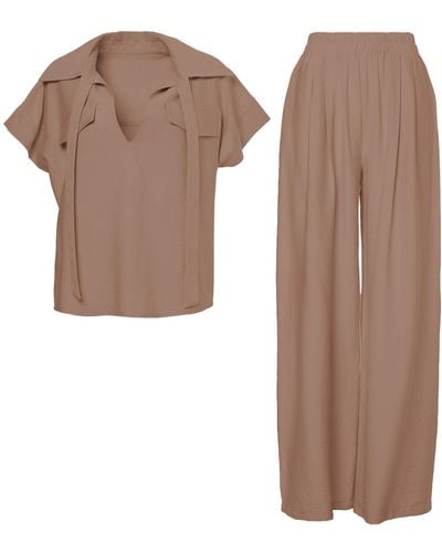 BLUZAT Camel Linen Set With Shirt With Pockets And Wide Leg Pants - Brown