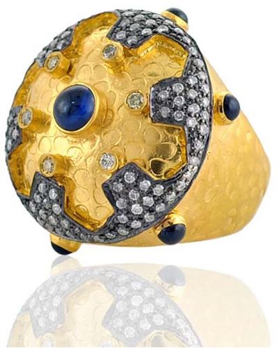 Artisan Gold Sapphire Pave Diamond Designer Ring Sterling Silver - Metallic