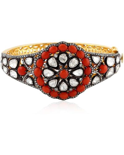 Artisan Natural Rose Cut Diamond & Red Coral 18k Gold 925 Silver Traditional Bangle Bracelet