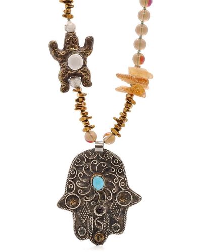 Ebru Jewelry Vintage Style Hamsa & Turtle Pendant Beaded Unique Necklace - Metallic