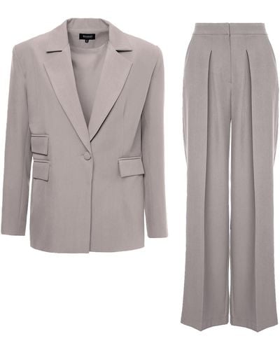BLUZAT Neutrals Suit With Regular Blazer With Double Pocket And Ultra Wide Leg Trousers - Grey