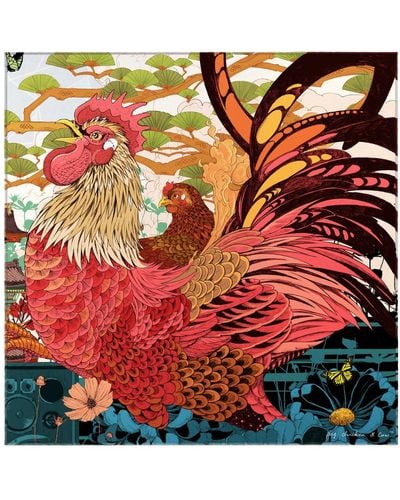 Pig, Chicken & Cow Kyoto Street Party Pocket Square Rooster - Red
