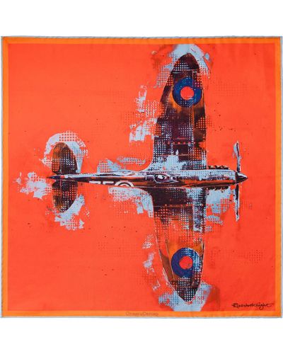Otway & Orford 'lone Fighter' Spitfire Silk Pocket Square In Orange. Medium-size.