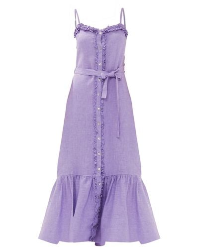 Haris Cotton Belted Linen Tank With Ruffle Hem And Frills - Purple