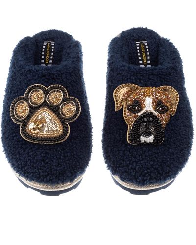 Laines London Teddy Towelling Closed Toe Slippers With Pip The Boxer & Paw Print Brooches - Blue