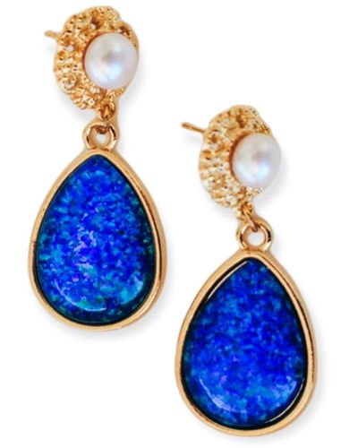 EUNOIA Jewels Eloquence Statement Freshwater Pearl & Teardrop Blue Opal Earrings