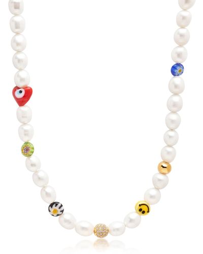 Nialaya Smiley Face Pearl Necklace With Assorted Beads - Metallic