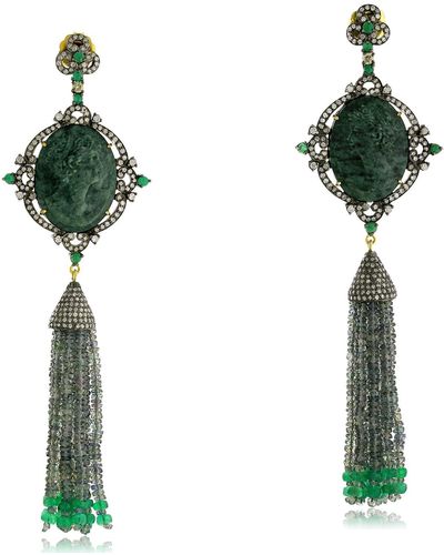 Artisan Diamond 18k Gold 925 Sterling Silver Gemstone Tassel Earrings Cameo Jewelry - Green