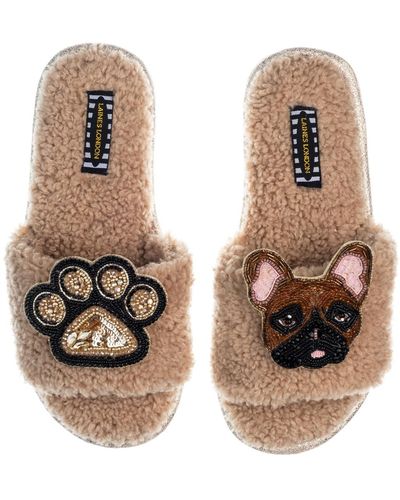 Laines London Teddy Toweling Slippers With Cookie The Frenchie & Paw Brooches - Natural