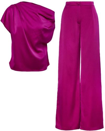 BLUZAT Fuchsia Set With Asymmetrical Draped Top And Wide Leg Trousers - Purple