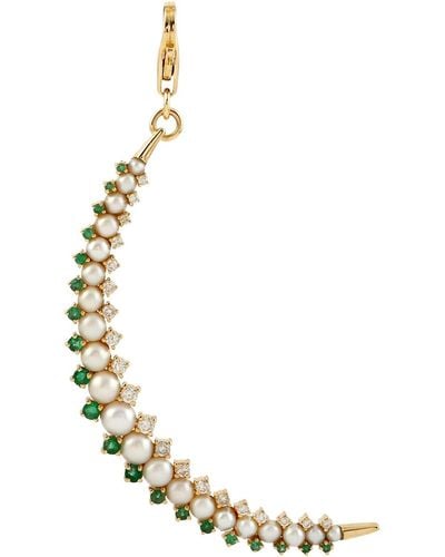 Artisan 18k Gold Pearl Emerald Crescent Moon Diamond Pendant - Metallic