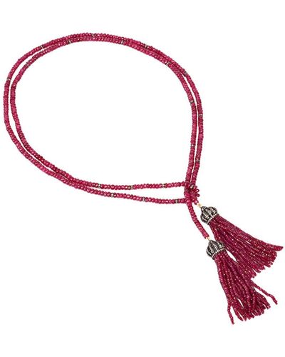 Artisan Ruby Beads Lariat Necklace Diamond Gold Sterling Silver Tassel Jewelry - Multicolor