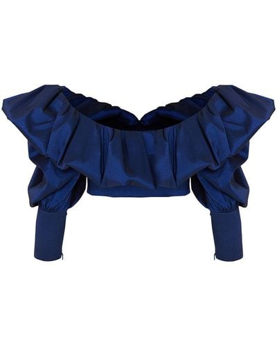 Nocturne Royal Balloon Sleeve Crop Top - Blue