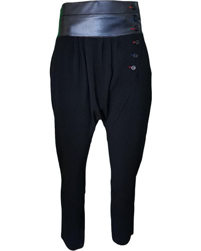 Lalipop Design Black Harem Pants With Colored Buttonholes & Vegan Leather Waistline - Blue