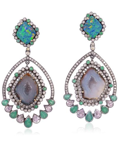 Artisan 18k Gold & 925 Silver In Uneven Geode With Multi Gemstone Bezel Set Diamond Dangle Earrings - Blue