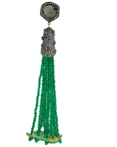 Artisan Gemstone Pave Diamond 18k Gold Sterling Silver Tassel Pendant Jewelry - Green