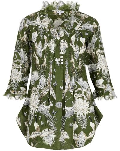 At Last Sophie Cotton Shirt In Olive Tropical - Green