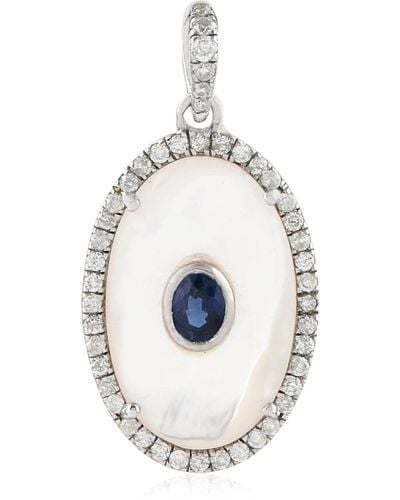 Artisan Bezel Set Mop & Blue Sapphire Pave Diamond In 18k White Gold Evil Eye Pendant - Metallic