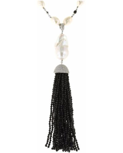 Cosanuova White Pearl & Onyx Tassel Necklace - Black