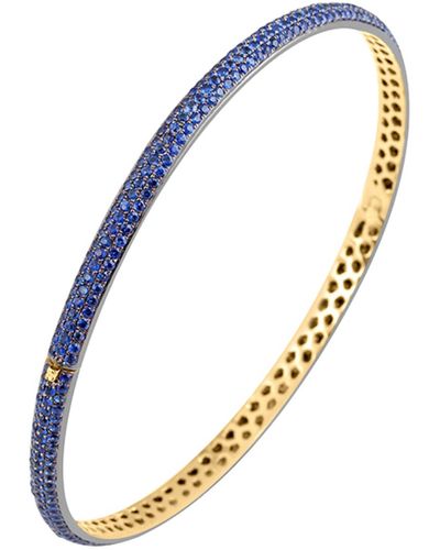 Artisan Blue Sapphire Gemstone Pave In 18k Yellow Gold & 925 Silver Designer Bangle - Metallic