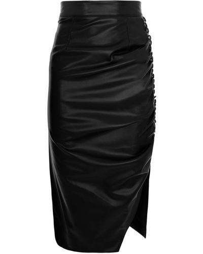 AVENUE No.29 Eco Leather Ruched Midi Skirt With Buttons - Black