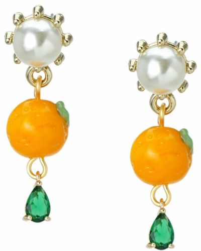I'MMANY LONDON Cutie Pie Lampwork Glass Tangerine And Crystal Drop Earrings With Pearl Studs - White