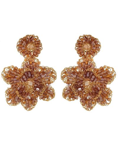 Lavish by Tricia Milaneze Neutrals / Amber & Gold Mini Blossom Handmade Crochet Earrings - Brown