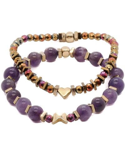 Ebru Jewelry Butterfly & Heart Gold Charm Amethyst Beaded Bracelet Set - Multicolour