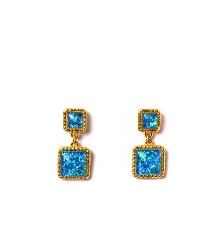 EUNOIA Jewels Paradise Two Tier Square Opal Statement Earrings - Blue