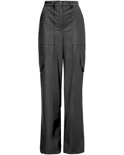 BLUZAT Leather Wide Leg Pants With Pockets - Gray