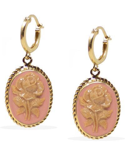 Vintouch Italy Gold-plated Pink Rose Cameo Hoop Earrings - Metallic