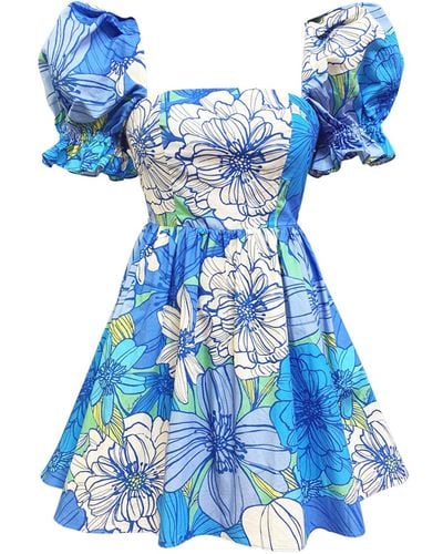 Lavaand The Mia Organic Cotton Mini Dress In Floral - Blue