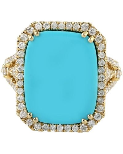 Artisan Natural Diamond Pave & Turquoise Cocktail Ring In 18k Yellow Gold Jewellery - Blue