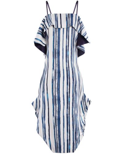 Smart and Joy Stripe Print Cold Shoulder Dress - Blue