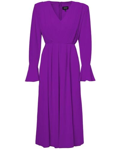 BLUZAT Purple Midi Dress With Pleats And Proeminent Shoulders