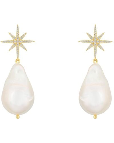 LÁTELITA London Baroque Pearl Star Burst Drop Earrings Gold - White
