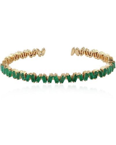 Artisan Emerald Cuff Bangle 18k Yellow Gold Gemstone Baguette Jewelry - Green