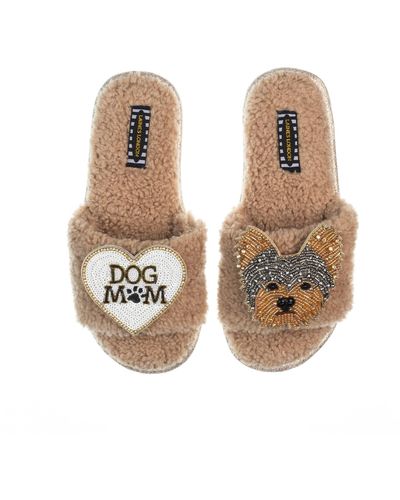 Laines London Teddy Toweling Slippers With Minnie Yorkie & Dog Mum /mom Brooches - Natural