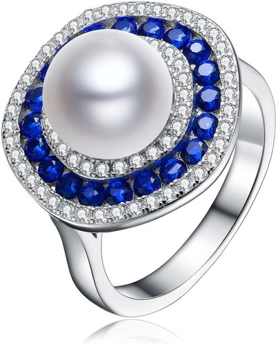 Genevive Jewelry Ss Sapphire And White Cubic Zirconia Pearl Ring - Blue