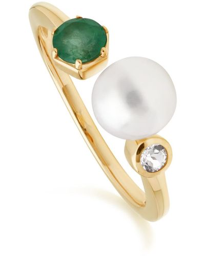 Gemondo Emerald, Pearl & Topaz Open Ring In Yellow Gold Plated Silver - Green