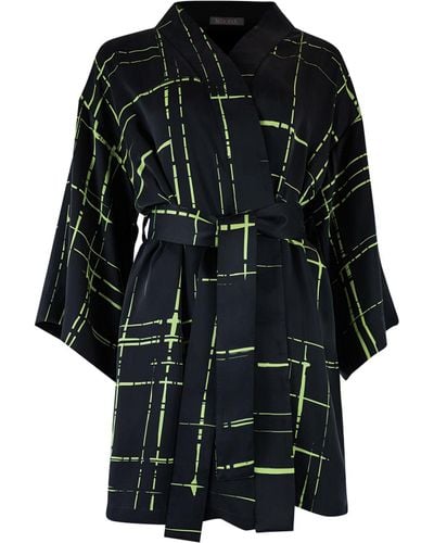 Nokaya Silk Dreamscape Short Kimono Robe Check - Black