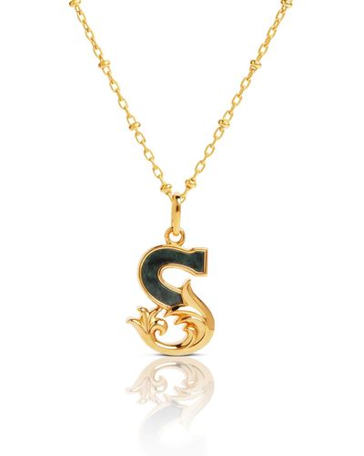 Kasun Plated S Initial Necklace With Green Marble - Metallic