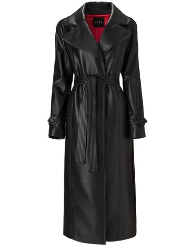 Lita Couture Belted Leather Trench Coat - Black