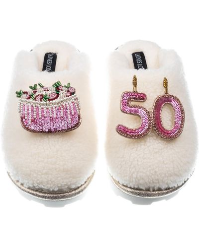 Laines London Teddy Closed Toe Slippers With Fiftieth Birthday & Cake Brooches - Pink