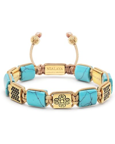 Nialaya Turquoise Flatbead Bracelet With Gold Dorje & Black Cz Diamonds - Blue