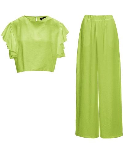 BLUZAT Neon Set With Ruffled T-shirt And Pants With Slits - Green