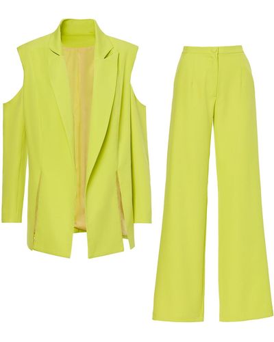 BLUZAT Lime Suit With Deconstructed Shoulders Blazer And Wide Leg Pants - Yellow