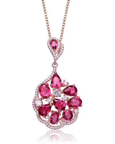Genevive Jewelry Rose Gold Plated Multi Colo Cubic Zirconia Pendant Necklace - Pink