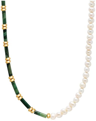 Nialaya Beaded Necklace With Freshwater Pearls & Green Jade - Metallic