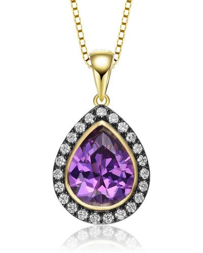 Genevive Jewelry Gold Plated Teardrop Shaped Purple Cubic Zirconia Pendant Necklace - Metallic